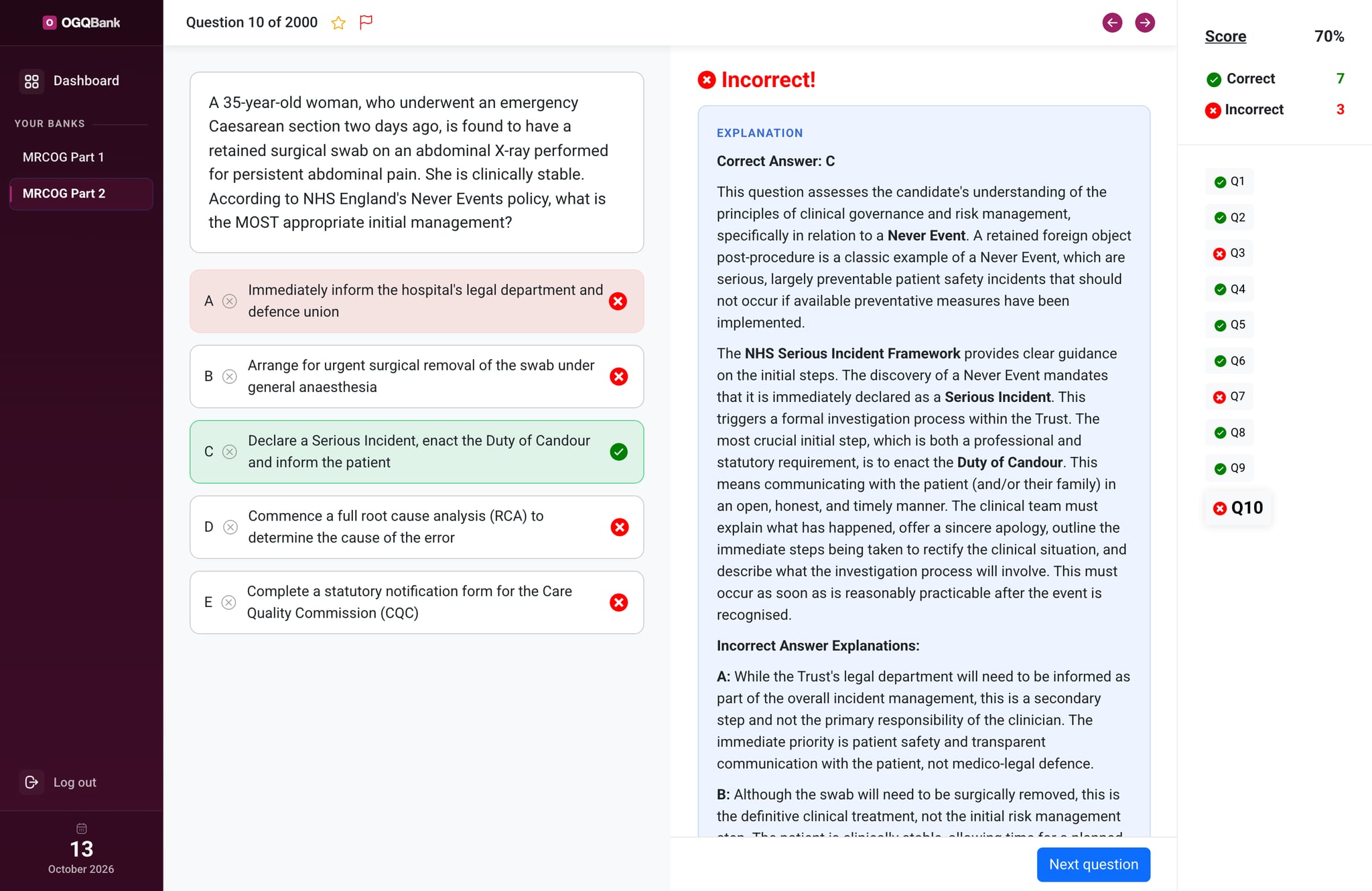 MRCOG Part 2 explanation after an incorrect answer